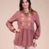 Rose Miss Ensemble blouse brodée et pantalon large – Réf 14116 – Vieux rose