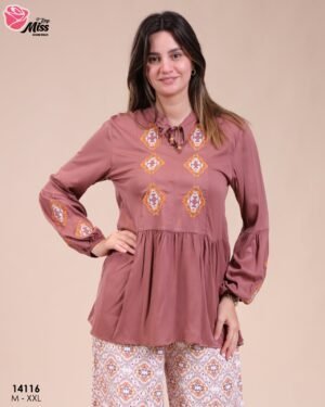 Rose Miss Ensemble blouse brodée et pantalon large – Réf 14116 – Vieux rose