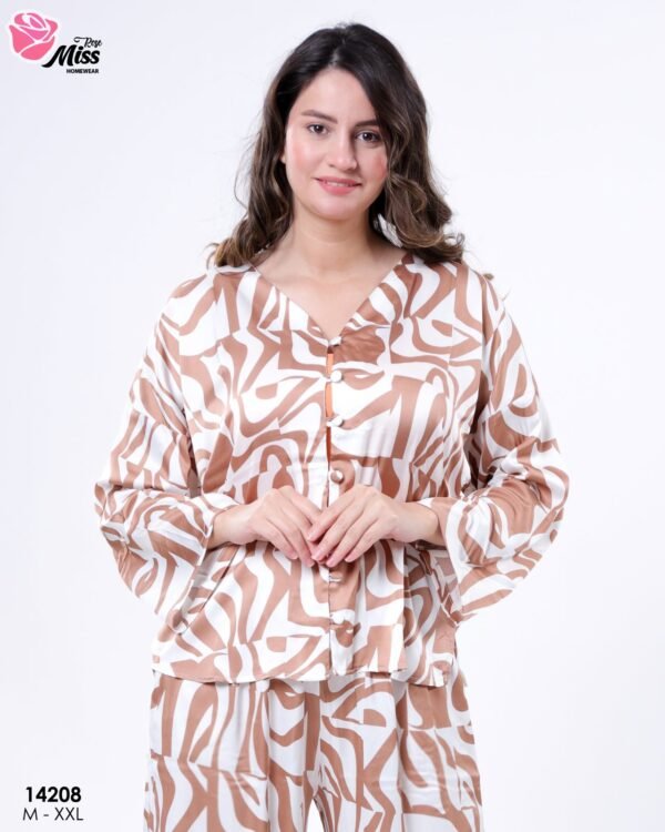 Rose Miss Pyjama satin imprimé – Réf 14208 – Camel blanc