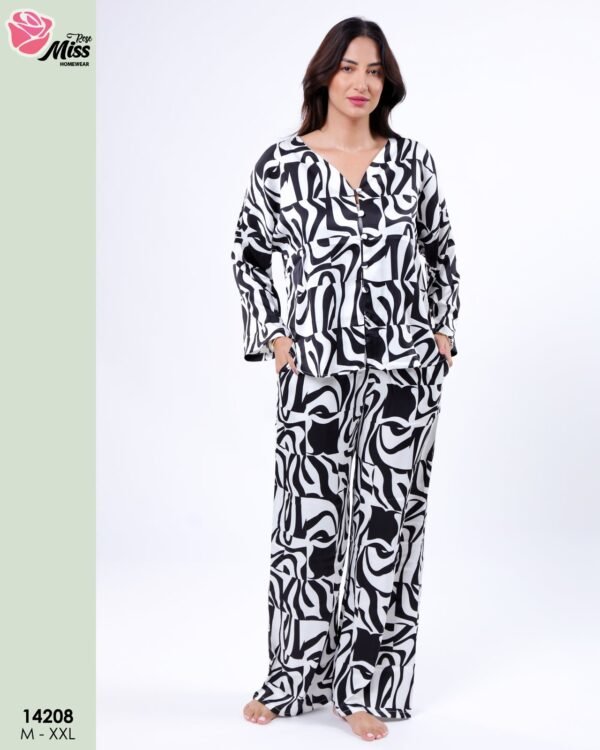 Rose Miss Pyjama satin imprimé – Réf 14208 – Noir blanc