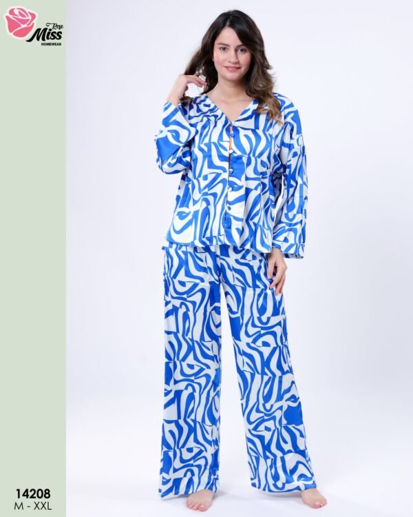 Rose Miss Pyjama satin imprimé – Réf 14208 – Bleu blanc