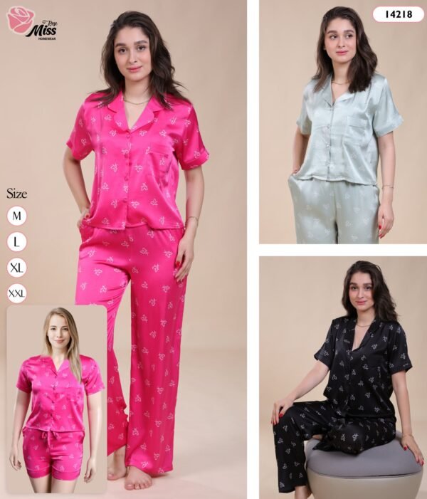 Rose Miss Pyjama satin 3 pièces avec short – Réf 14218 – Couleurs assorties