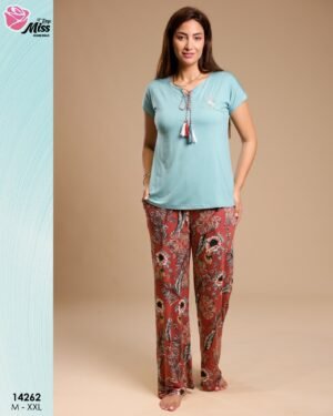 Rose Miss Pyjama pantalon fleuri – Réf 14262 – Turquoise brique