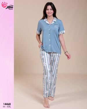 Rose Miss Pyjama boutonné manches courtes – Réf 14468 – Bleu gris