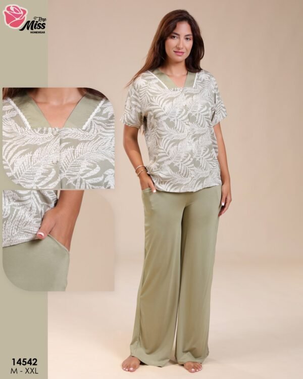 Rose Miss Pyjama pantalon large imprimé – Réf 14542 – Vert sauge