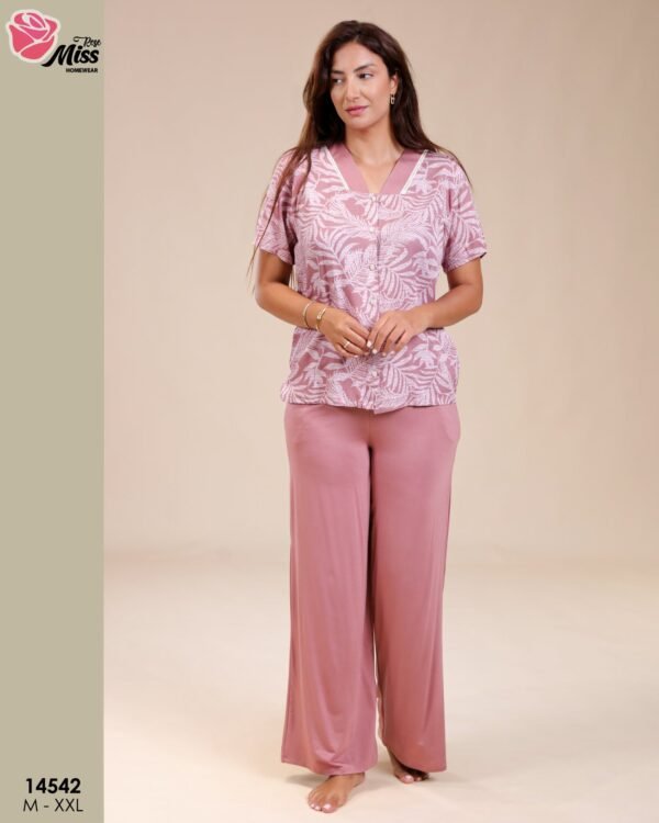 Rose Miss Pyjama pantalon large imprimé – Réf 14542 – Vieux rose