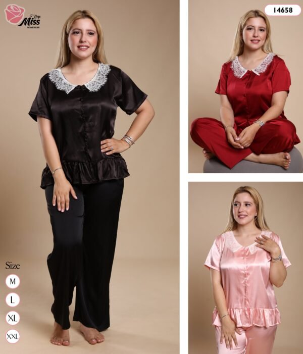 Rose Miss Pyjama satin col dentelle – Réf 14658 – Couleurs assorties