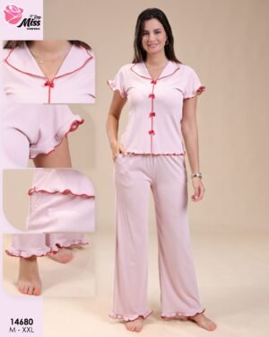 Rose Miss Pyjama boutonné à volants – Réf 14680 – Rose poudré