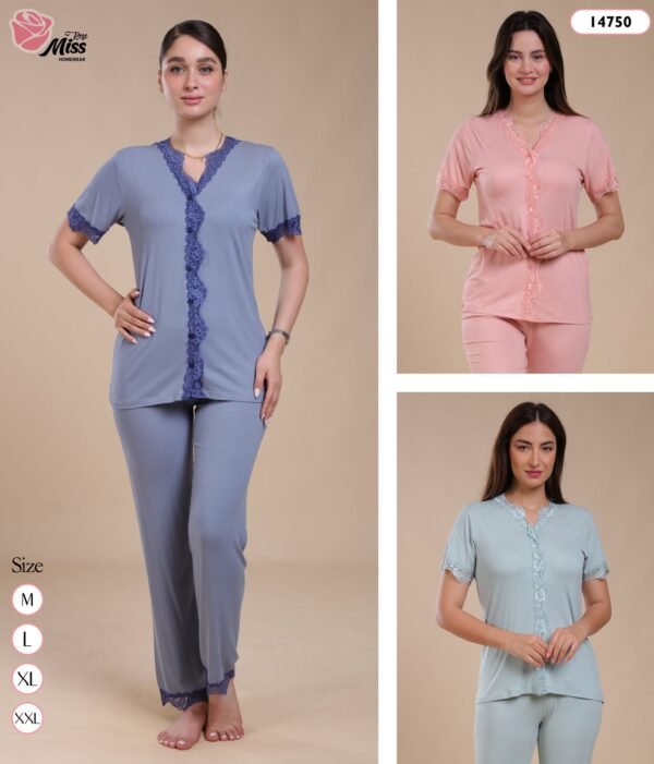 Rose Miss Pyjama dentelle manches courtes – Réf 14750 – Couleurs assorties