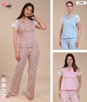 Rose Miss Pyjama manches dentelle – Réf 14776 – Couleurs assorties