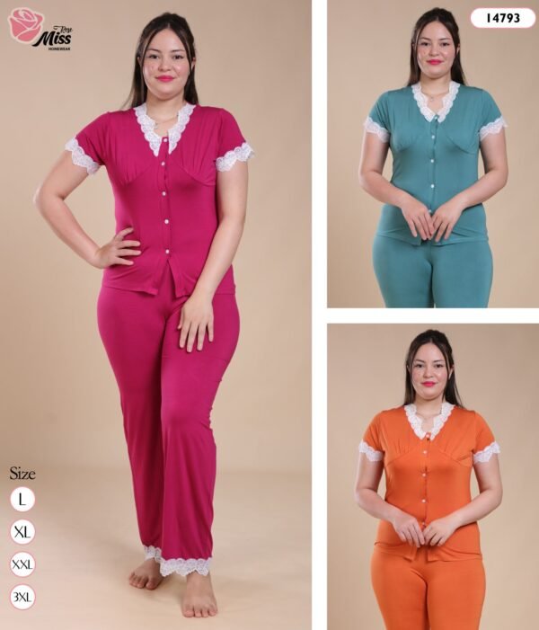 Rose Miss Pyjama boutonné dentelle – Réf 14793 – Couleurs assorties
