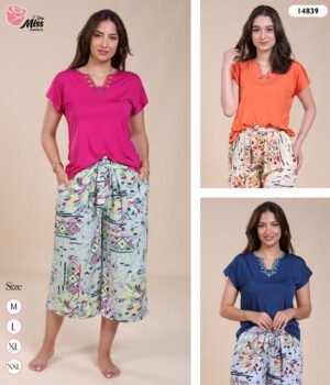 Rose Miss Pyjama pantacourt imprimé – Réf 14839 – Couleurs assorties