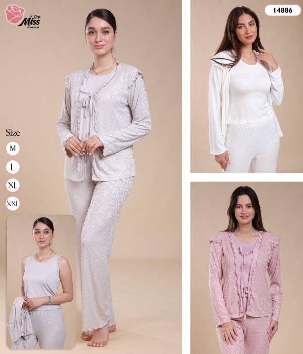 Rose Miss Pyjama 3 pièces avec gilet – Réf 14886 – Couleurs assorties