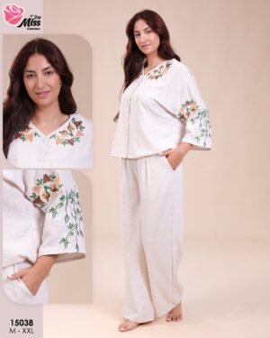 Rose Miss Pyjama brodé – Réf 15038 – Écru Rose Miss Pyjama brodé – Réf 15038 – Écru