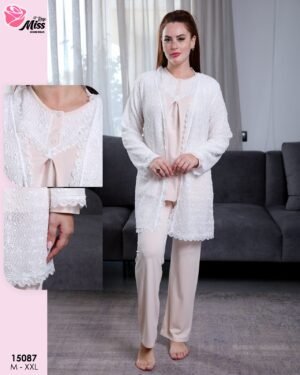 Rose Miss Pyjama 3 pièces avec gilet dentelle – Réf 15087 – Beige