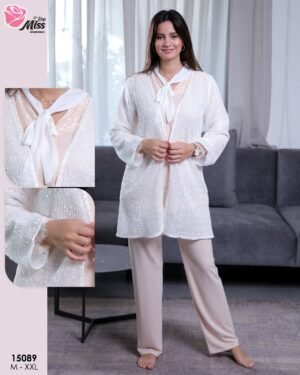 Rose Miss Pyjama 3 pièces avec gilet – Réf 15089 – Écru