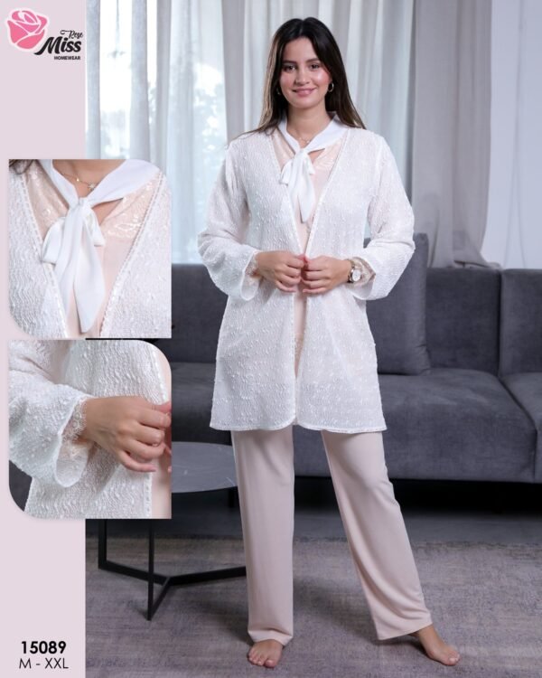 Rose Miss Pyjama 3 pièces avec gilet – Réf 15089 – Écru