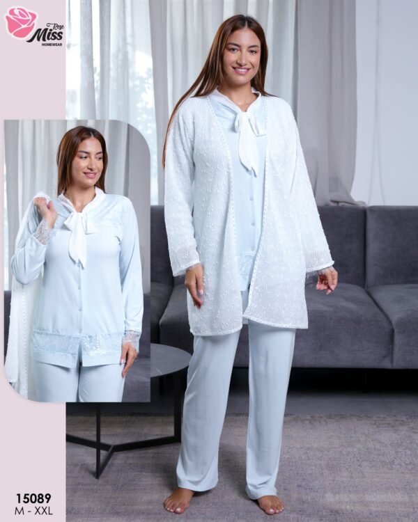 Rose Miss Pyjama 3 pièces avec gilet – Réf 15089 – Bleu ciel