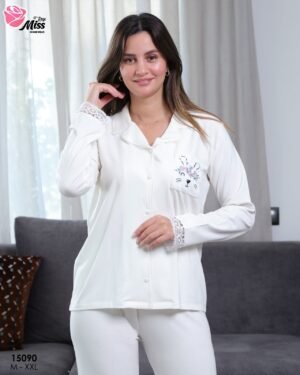 Rose Miss Pyjama boutonné dentelle – Réf 15090 – Écru