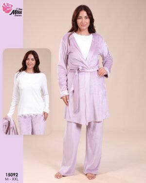 Rose Miss Pyjama 3 pièces velours avec robe de chambre – Réf 15092 – Lilas