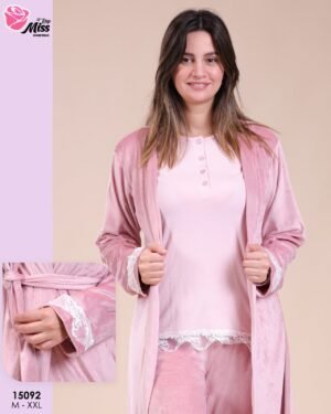 Rose Miss Pyjama 3 pièces velours avec robe de chambre – Réf 15092 – Vieux rose