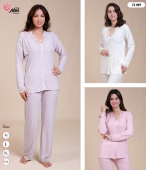 Rose Miss Pyjama boutonné dentelle – Réf 15109 – Couleurs assorties