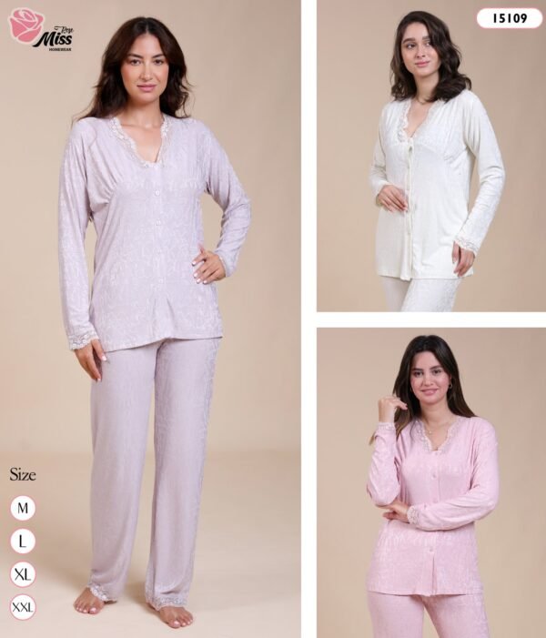 Rose Miss Pyjama boutonné dentelle – Réf 15109 – Couleurs assorties