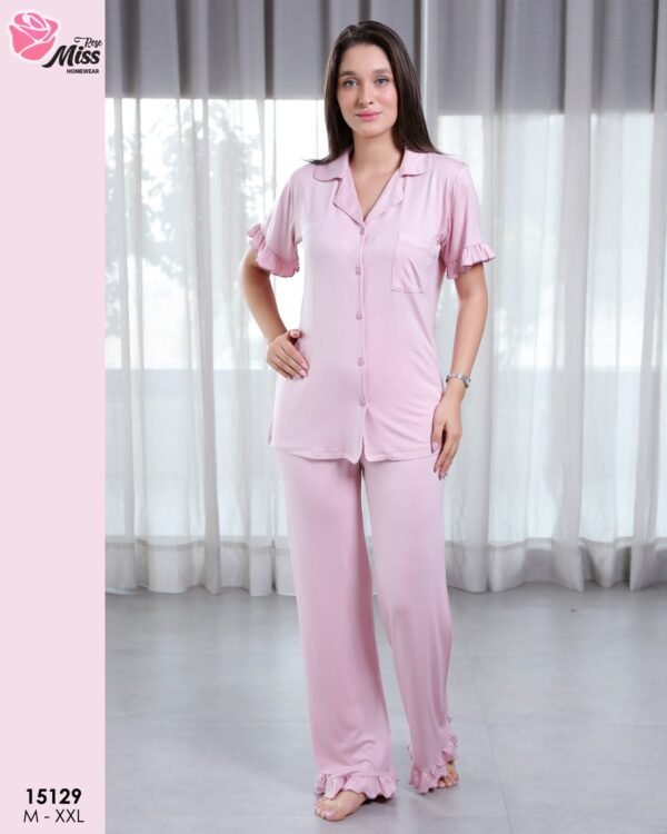 Rose Miss Pyjama boutonné à volants – Réf 15129 – Rose