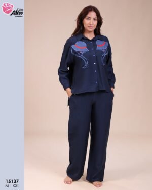 Rose Miss Ensemble chemise brodée et pantalon – Réf 15137 – Bleu marine