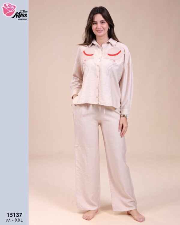 Rose Miss Ensemble chemise brodée et pantalon – Réf 15137 – Beige