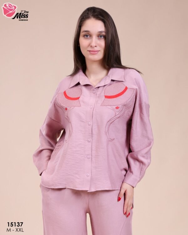 Rose Miss Ensemble chemise brodée et pantalon – Réf 15137 – Vieux rose
