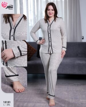 Rose Miss Pyjama boutonné jacquard dentelle – Réf 15151 – Gris
