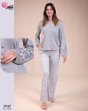 Rose Miss Pyjama boutonné brodé – Réf 15167 – Gris