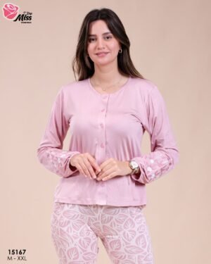 Rose Miss Pyjama boutonné brodé – Réf 15167 – Vieux rose