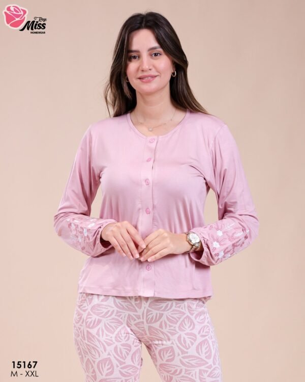 Rose Miss Pyjama boutonné brodé – Réf 15167 – Vieux rose