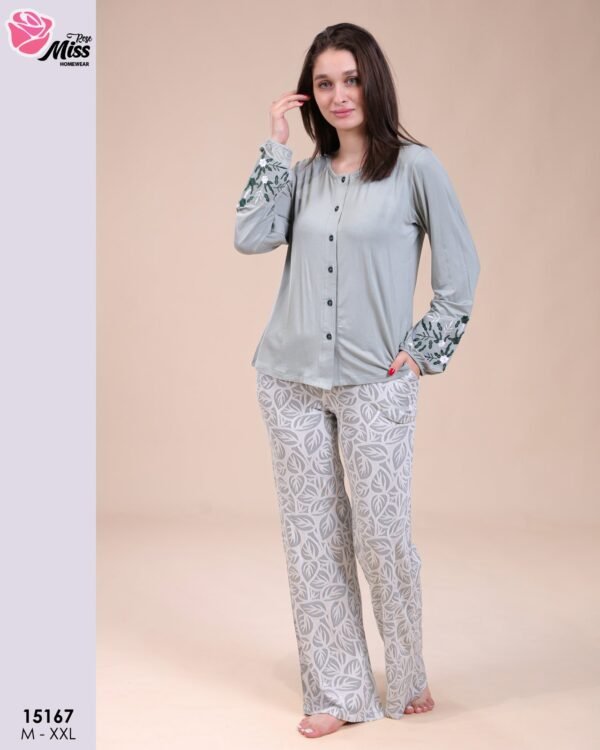 Rose Miss Pyjama boutonné brodé – Réf 15167 – Vert d'eau