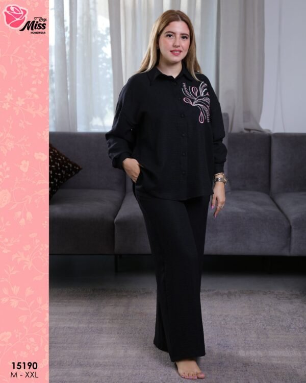 Rose Miss Ensemble chemise brodée et pantalon – Réf 15190 – Noir