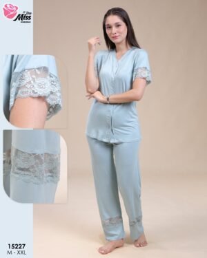 Rose Miss Pyjama boutonné dentelle – Réf 15227 – Bleu gris