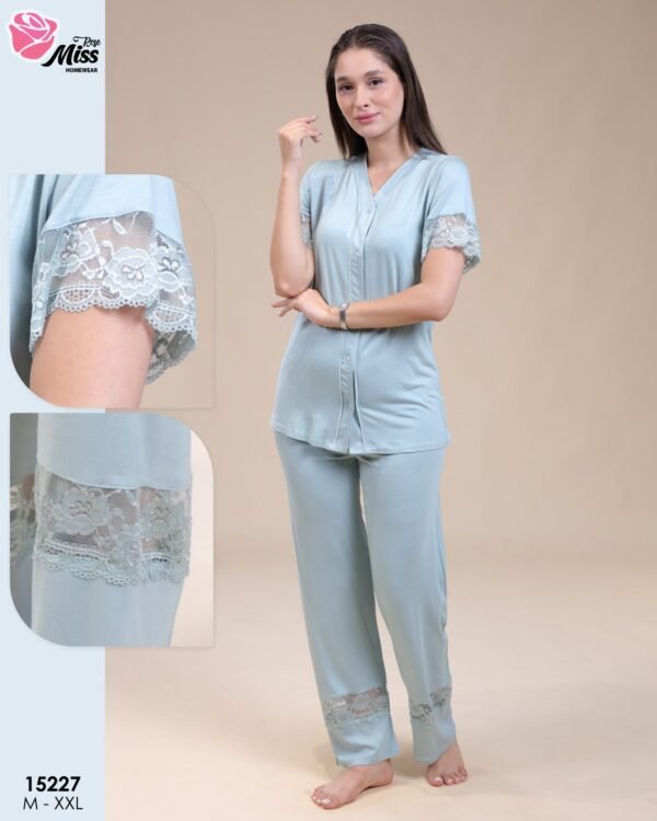 Rose Miss Pyjama boutonné dentelle – Réf 15227 – Bleu gris