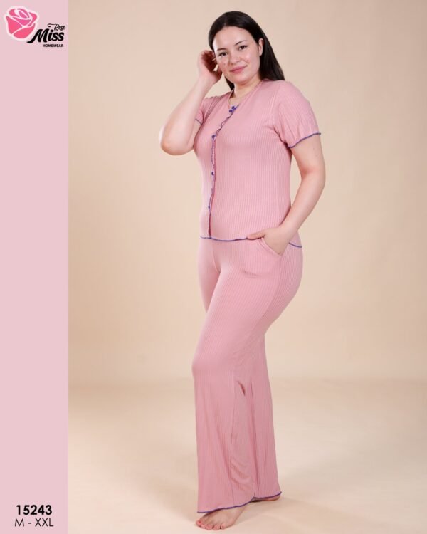 Rose Miss Pyjama boutonné côtelé – Réf 15243 – Vieux rose