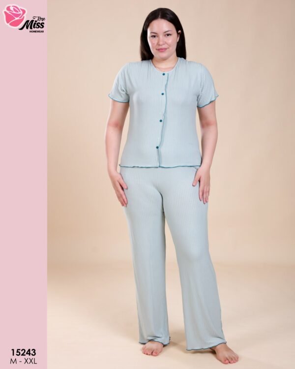 Rose Miss Pyjama boutonné côtelé – Réf 15243 – Vert d'eau