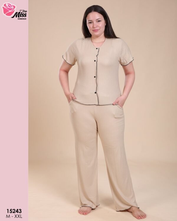 Rose Miss Pyjama boutonné côtelé – Réf 15243 – Beige