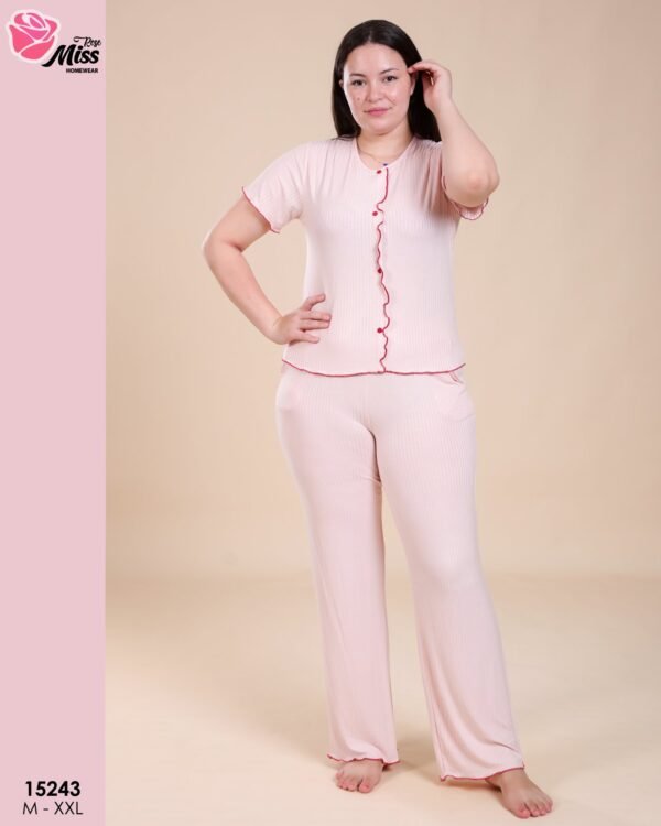 Rose Miss Pyjama boutonné côtelé – Réf 15243 – Rose pâle