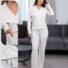 Rose Miss Pyjama boutonné côtelé – Réf 15312 – Écru
