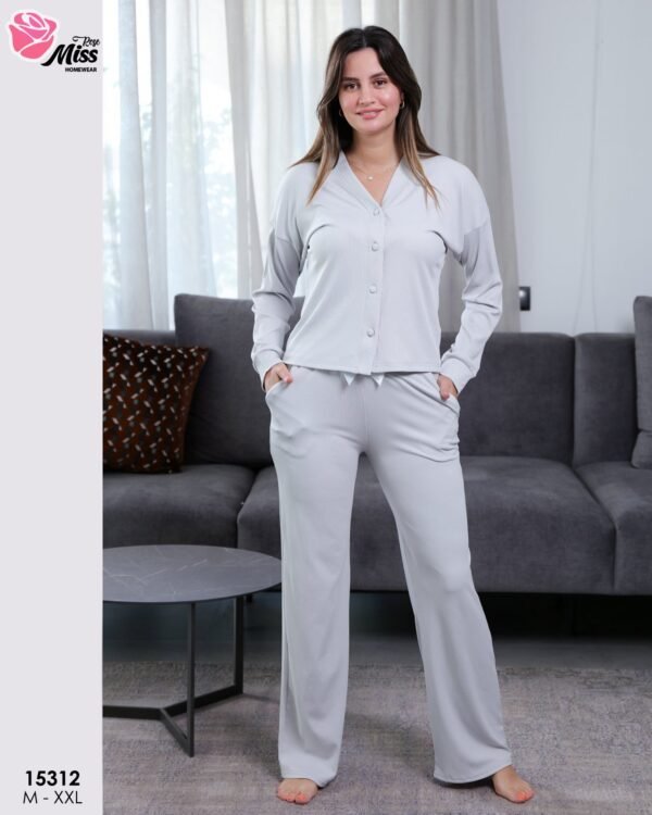 Rose Miss Pyjama boutonné côtelé – Réf 15312 – Gris clair