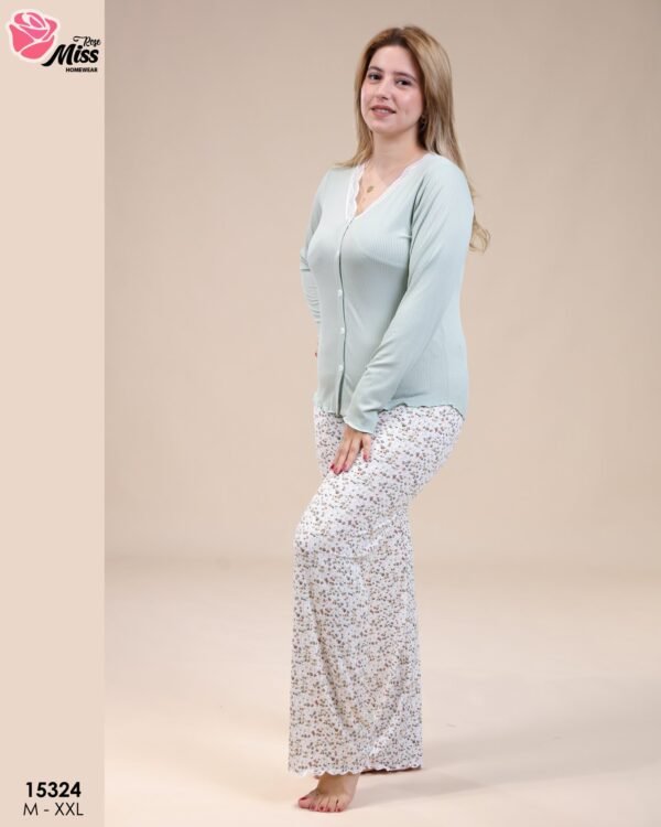 Rose Miss Pyjama boutonné fleuri – Réf 15324 – Vert d'eau