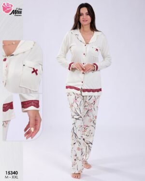 Rose Miss Pyjama boutonné fleuri – Réf 15340 – Écru bordeaux Rose Miss Pyjama boutonné fleuri – Réf 15340 – Écru bordeaux