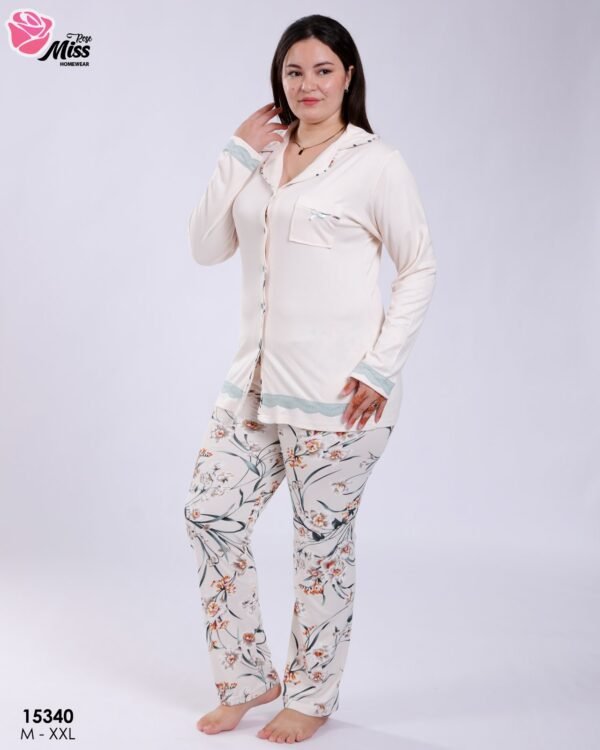 Rose Miss Pyjama boutonné fleuri – Réf 15340 – Écru vert d'eau