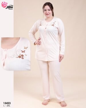 Rose Miss Pyjama boutonné brodé – Réf 15423 – Pêche