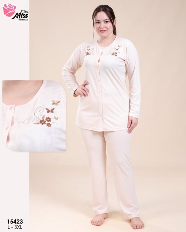Rose Miss Pyjama boutonné brodé – Réf 15423 – Pêche